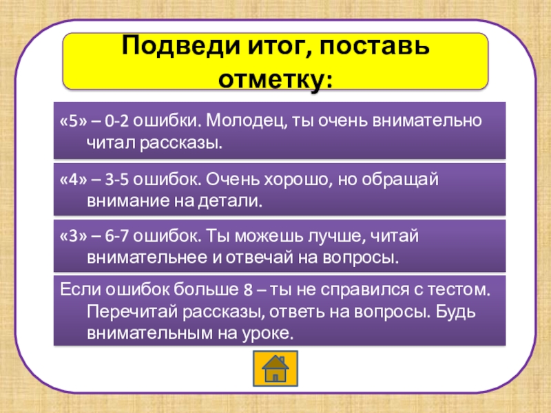 Подведи итог, поставь отметку:«5» – 0-2 ошибки. Молодец, ты очень внимательно читал рассказы.«4» – 3-5 ошибок. Очень