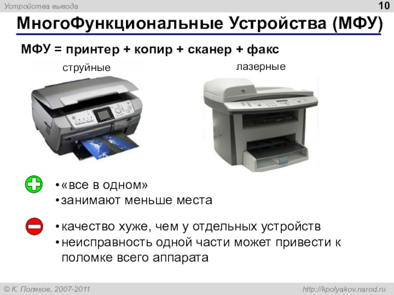 МногоФункциональные Устройства (МФУ)МФУ = принтер + копир + сканер + факсструйныелазерные«все в одном»занимают меньше местакачество хуже, чем
