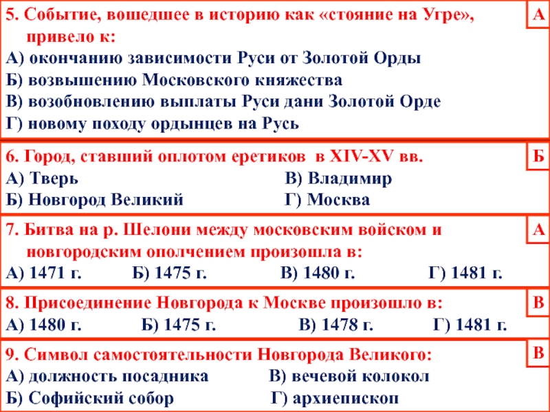 5. Событие, вошедшее в историю как «стояние на Угре», привело к:А) окончанию зависимости Руси от Золотой ОрдыБ)