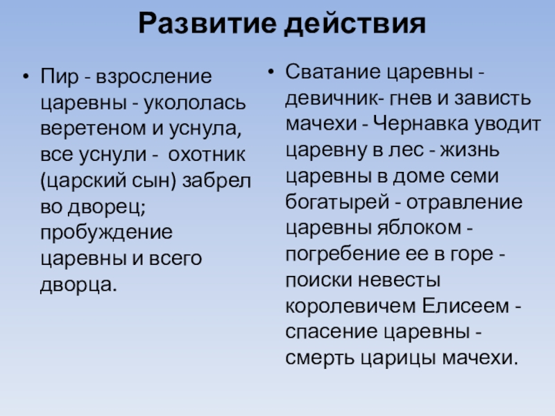 Развитие действия Пир - взросление царевны - укололась веретеном и уснула, все уснули - охотник (царский сын)