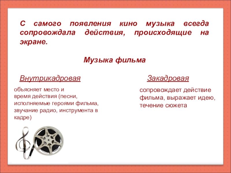 Всегда сопровождается. Внутрикадровая и закадровая музыка в кино. Музыка в кино примеры. Закадровая музыка в кино примеры. Классификация музыки в кино.