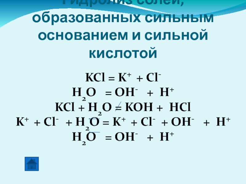 Гидролиз солей, образованных сильным основанием и сильной кислотой KCl = K+ + Cl-H2O  = OH-