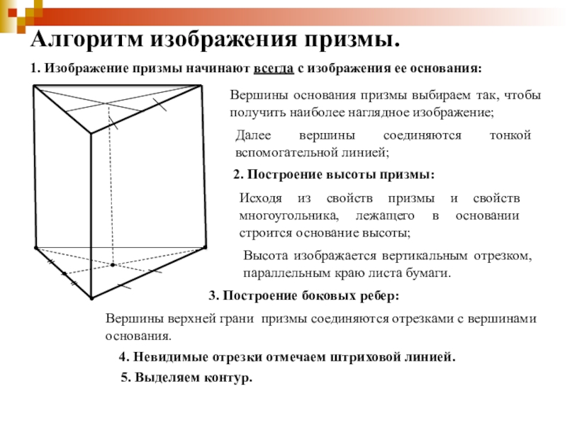 Сколько вершин у правильной призмы. Алгоритм построения Призмы. Правильная треугольная Призма свойства. Построение модели Призмы. Построение треугольной Призмы.