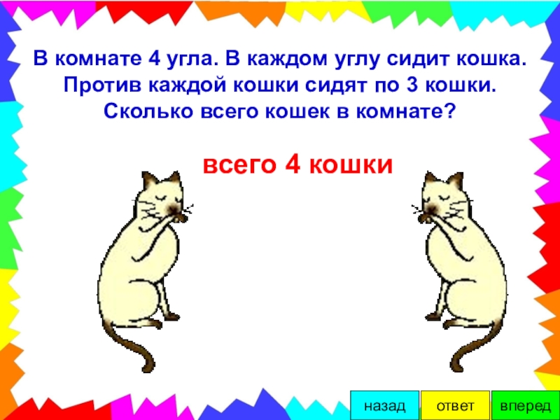 На каждом углу. В каждом углу сидит кошка. В каждом углу комнаты сидит кошка. В комнате 4 угла в каждом углу сидит кошка. В комнате 4 кошки в каждом углу.