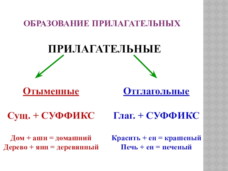 ОБРАЗОВАНИЕ ПРИЛАГАТЕЛЬНЫХПРИЛАГАТЕЛЬНЫЕОтглагольныеГлаг. + СУФФИКСКрасить + ен = крашеныйПечь + ен = печеныйОтыменныеСущ. + СУФФИКСДом + ашн =