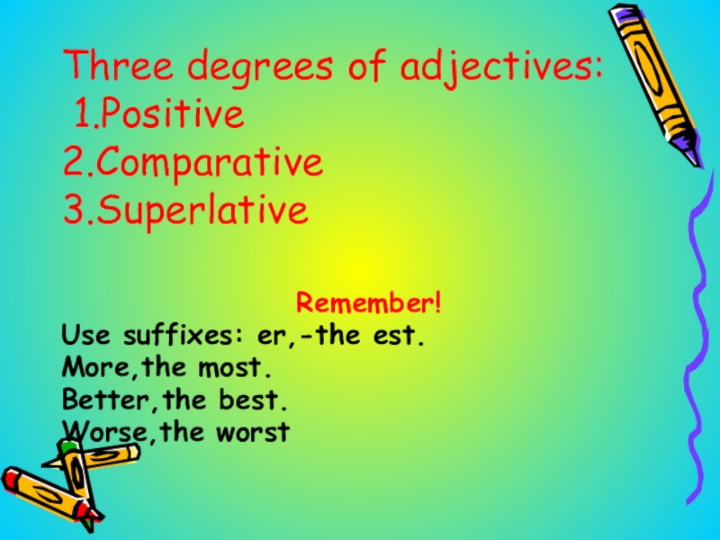 Three degrees of adjectives:  1.Positive 2.Comparative 3.Superlative     Remember!Use suffixes: er,-the est.More,the most.Better,the