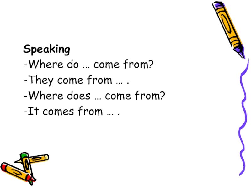 Speaking-Where do … come from?-They come from … .-Where does … come from?-It comes from …