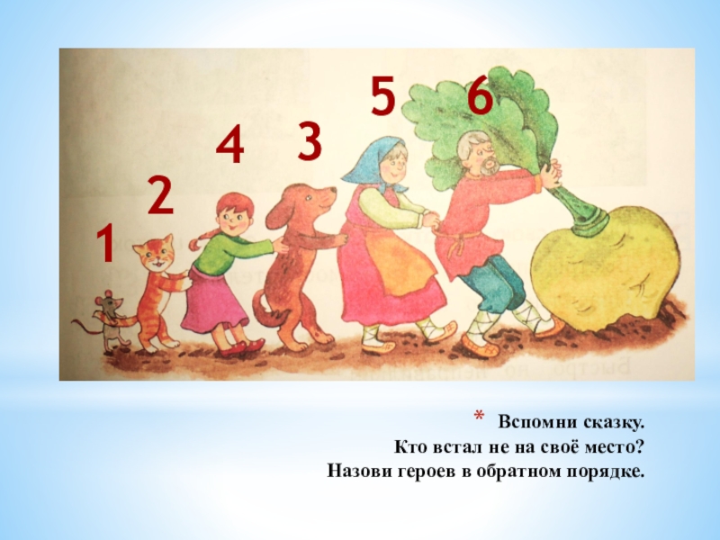 Вспомни сказку. Кто встал не на своё место? Назови героев в обратном порядке.165432