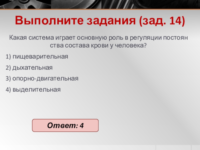 Выполните задания (зад. 14)Какая си­сте­ма иг­ра­ет ос­нов­ную роль в ре­гу­ля­ции по­сто­ян­ства со­ста­ва крови у че­ло­ве­ка? 1) пи­ще­ва­ри­тель­ная2) ды­ха­тель­ная3)