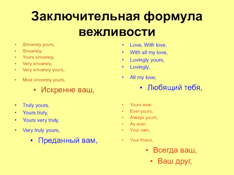 Заключительная формула вежливости Sincerely yours, Sincerely, Yours sincerely, Very sincerely, Very sincerely yours, Most sincerely yours, Искренне