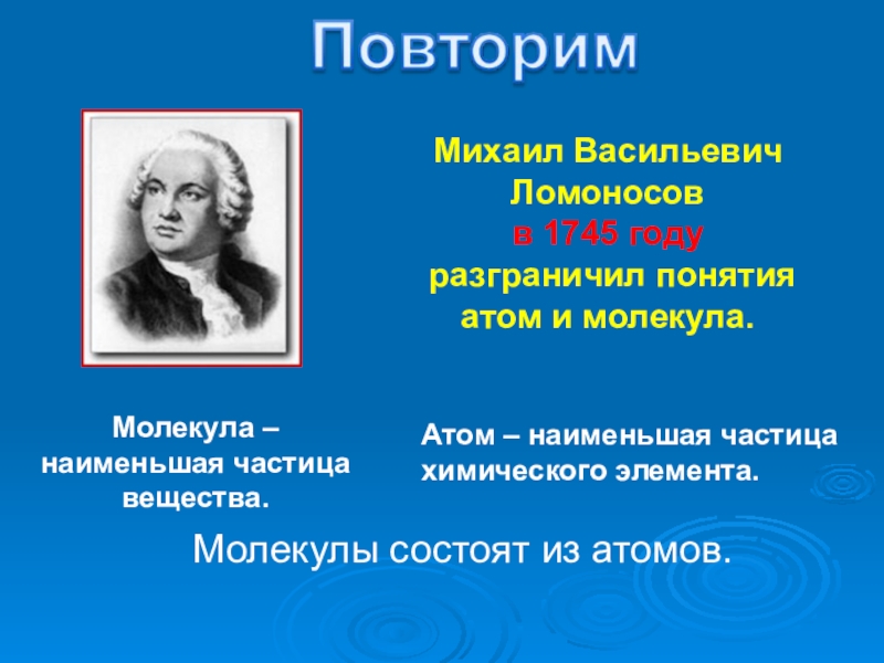 Молекула – наименьшая частица вещества.Михаил Васильевич Ломоносов в 1745 году разграничил понятия атом и молекула. Молекулы состоят