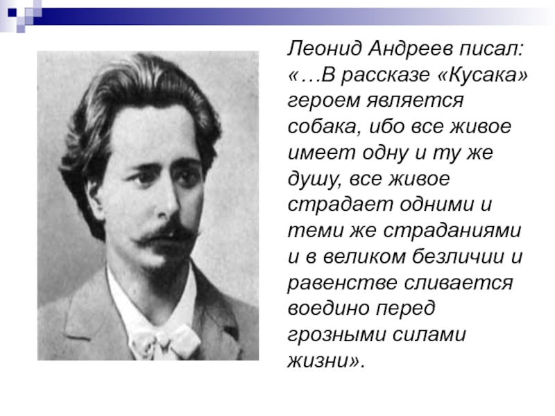 Леонид Андреев писал: «…В рассказе «Кусака» героем является собака, ибо все живое имеет одну и ту же
