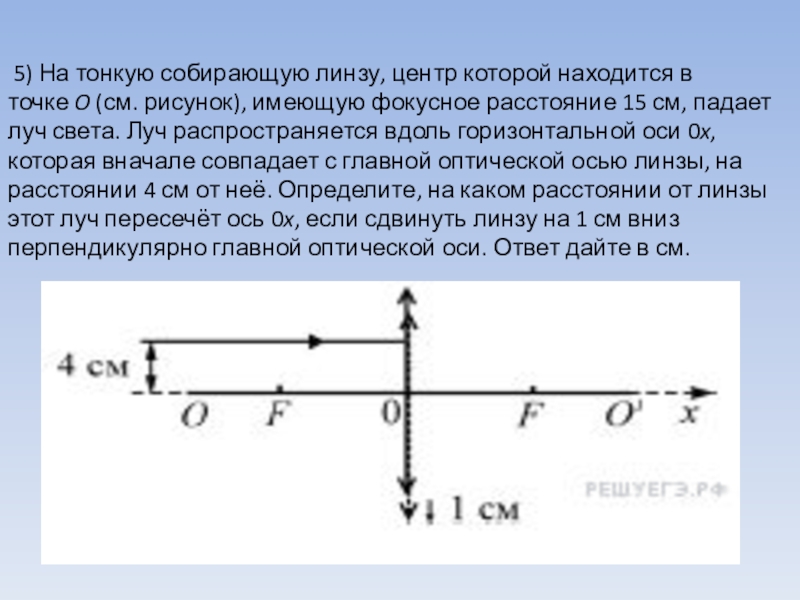 5) На тонкую собирающую линзу, центр которой находится в точке O (см. рисунок), имеющую фокусное расстояние 15 см,