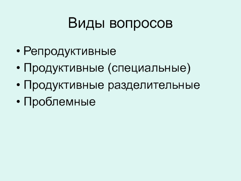 Виды вопросовРепродуктивныеПродуктивные (специальные)Продуктивные разделительныеПроблемные