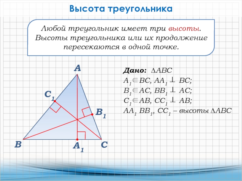 ВАСЛюбой треугольник имеет три высоты.Высоты треугольника или их продолжение пересекаются в одной точке.Дано: ∆АВСА1ВС, АА1  ВС;В1АС,