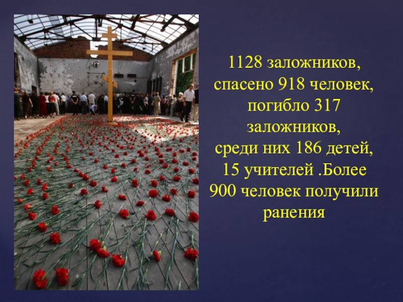 1128 заложников, спасено 918 человек, погибло 317 заложников,  среди них 186 детей, 15 учителей .Более 900