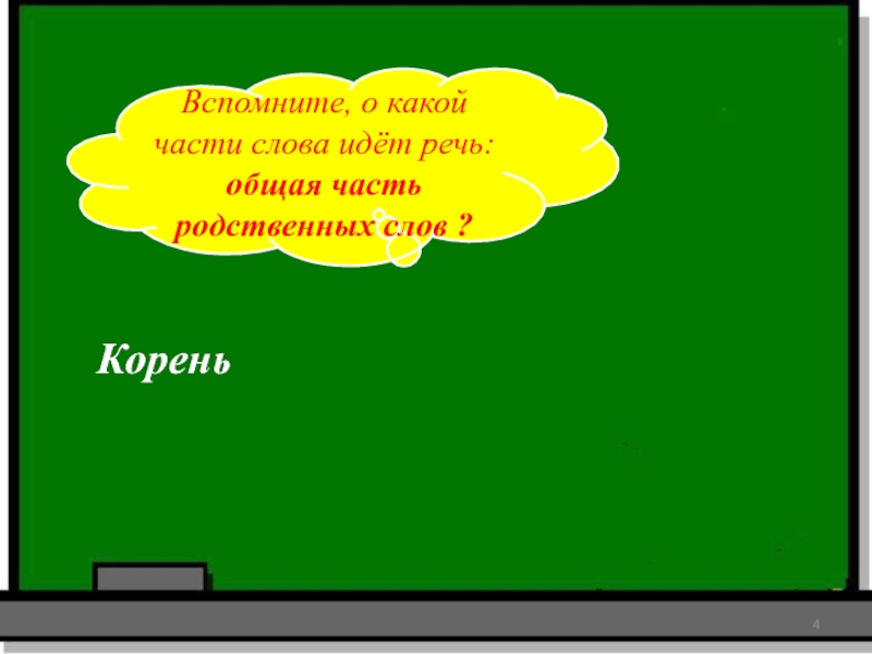 КореньВспомните, о какой части слова идёт речь:общая часть родственных слов ?