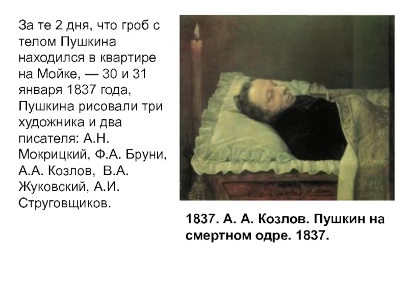 1837. А. А. Козлов. Пушкин на смертном одре. 1837.За те 2 дня, что гроб с телом Пушкина