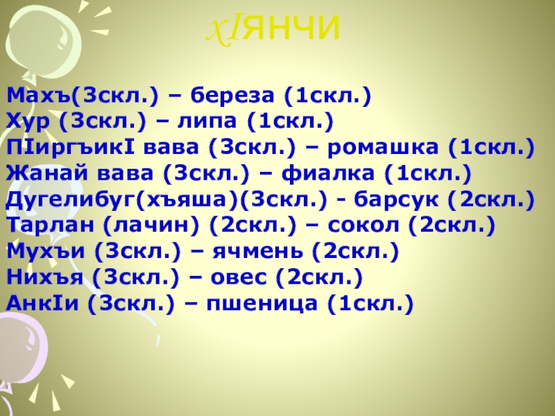 Творчестволашалси xIянчиМахъ(3скл.) – береза (1скл.)Хур (3скл.) – липа (1скл.)ПIиргъикI вава (3скл.) – ромашка (1скл.)Жанай вава (3скл.) –