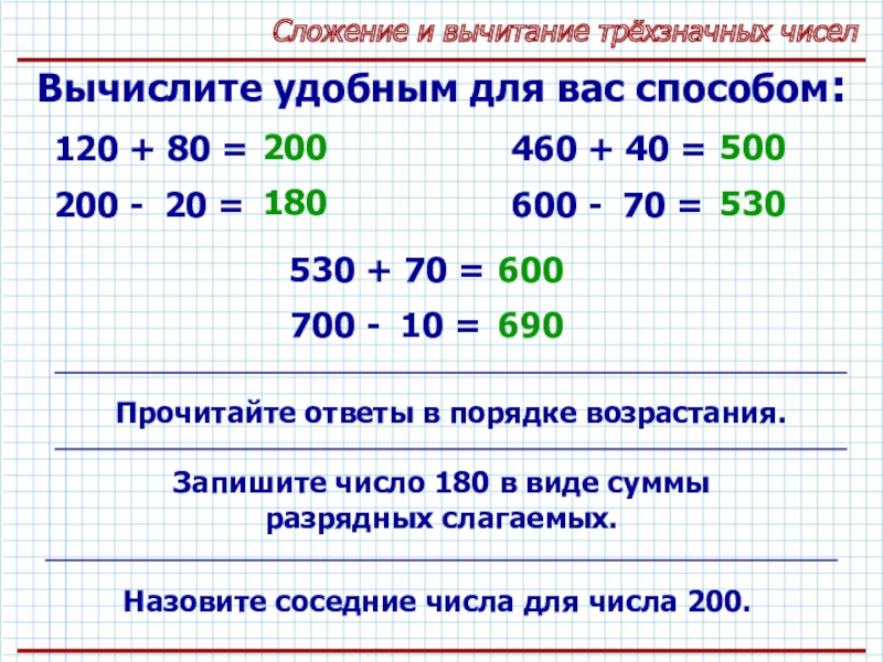 Презентация письменное сложение и вычитание трехзначных чисел 3 класс