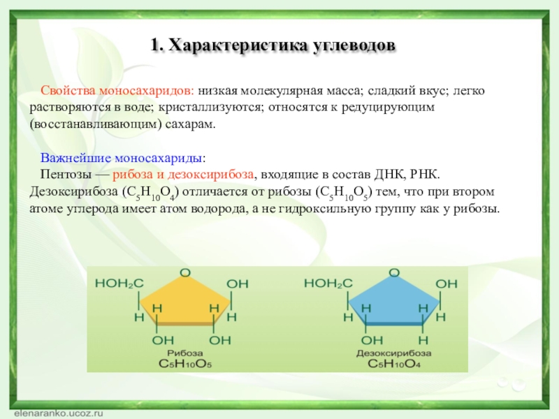 Свойства моносахаридов: низкая молекулярная масса; сладкий вкус; легко растворяются в воде; кристаллизуются; относятся к редуцирующим (восстанавливающим) сахарам.Важнейшие