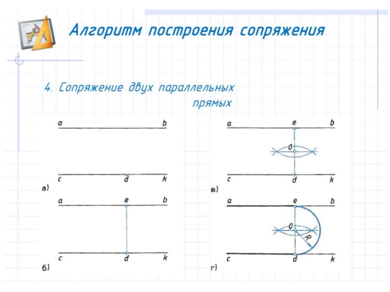 Параллельные прямые окружности. Сопряжение двух параллельных прямых двумя. Сопряжение двух параллельных прямых дугой заданного радиуса. Алгоритм построения сопряжений двух прямых. Сопряжение 2 параллельных прямых.