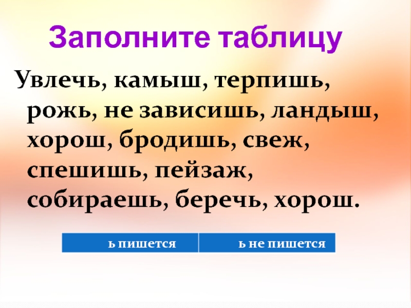 Заполните таблицуУвлечь, камыш, терпишь, рожь, не зависишь, ландыш, хорош, бродишь, свеж, спешишь, пейзаж, собираешь, беречь,