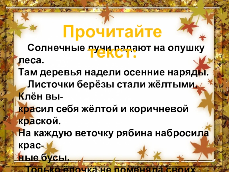 Изложение осень. Солнечные лучи падают на опушку леса. Деревья оделись в праздничный наряд. Осень одела или надела на деревья красивый наряд. Деревья надевают или одевают осенний.