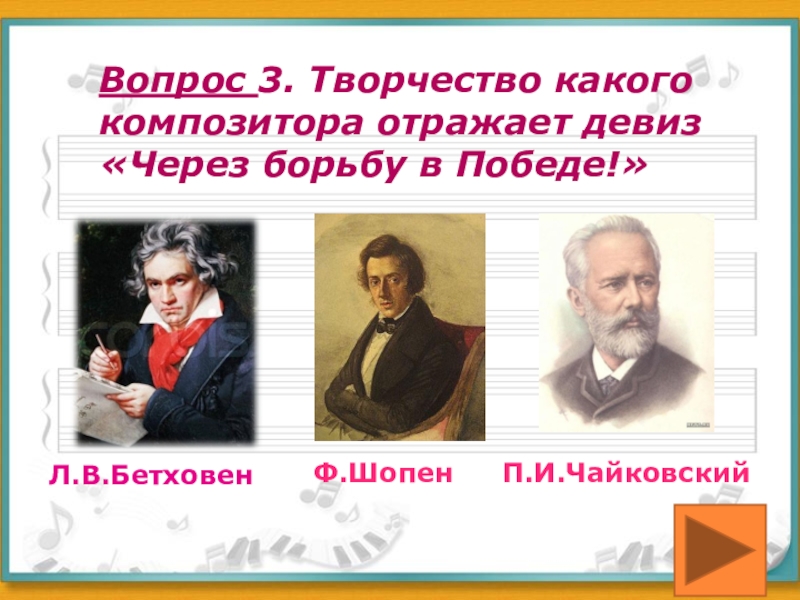 Ф шопен п чайковский. Творчество какого композитора отражает девиз через борьбу к победе. Чайковский и Шопен. Творческий девиз Бетховена. Композитор Бетховен девиз.