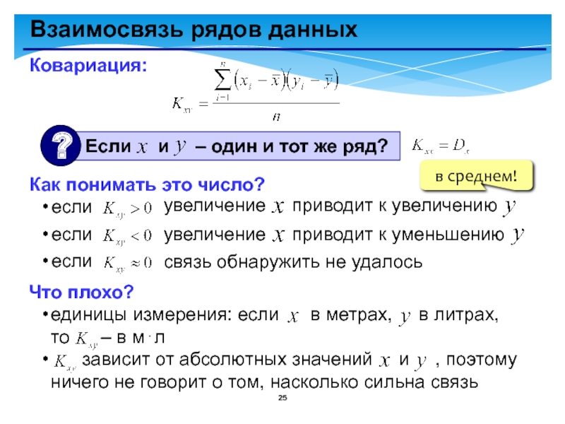 Взаимосвязь рядов данныхКовариация:Как понимать это число?если если если увеличение   приводит к увеличению   в