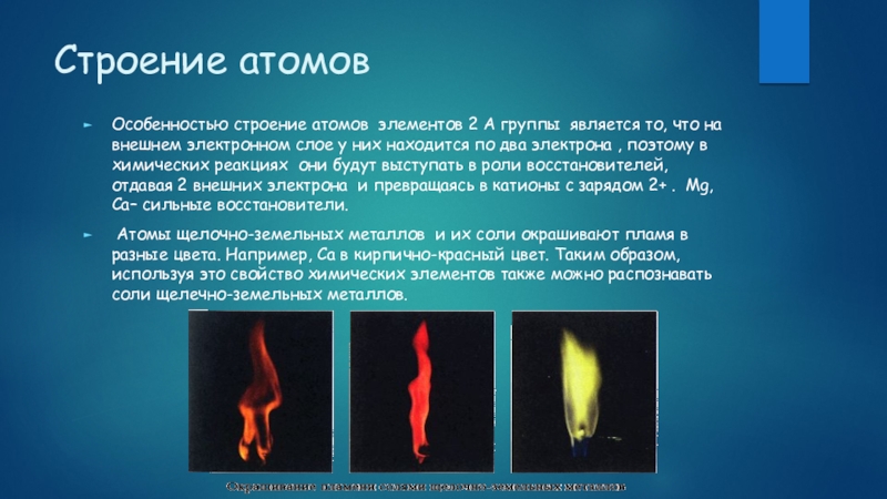 Соли калия окрашивают пламя в цвет. Строение атома магния и кальция.