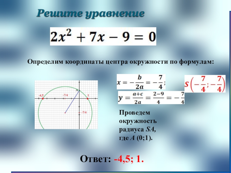 Решите уравнениеОтвет: -4,5; 1.Определим координаты центра окружности по формулам:Проведем окружность радиуса SA, где А (0;1).
