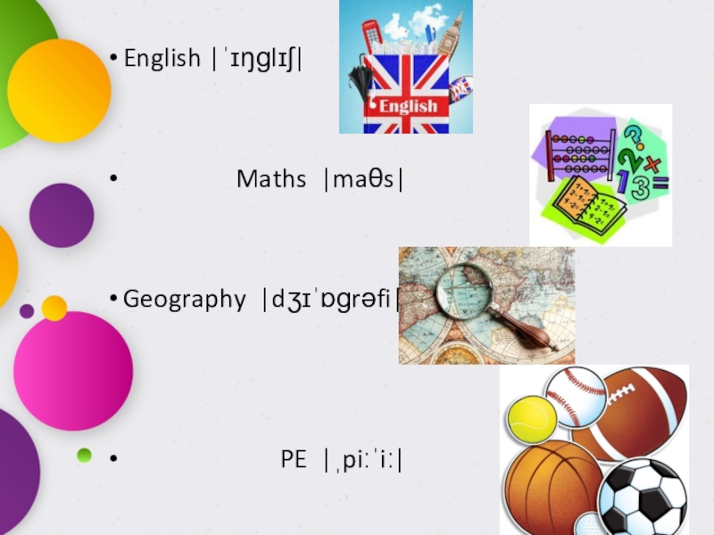 English |ˈɪŋɡlɪʃ|         Maths |maθs|Geography |dʒɪˈɒɡrəfi|
