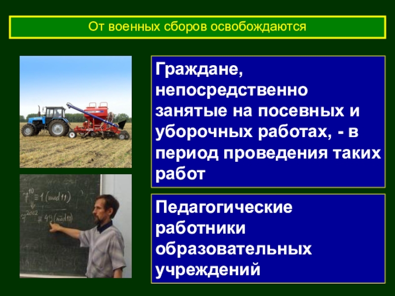 Непосредственно занятые. От военных сборов освобождаются. Педагогические работники военные сборы. Какие категории граждан освобождаются от военных сборов. Виды военных сборов.