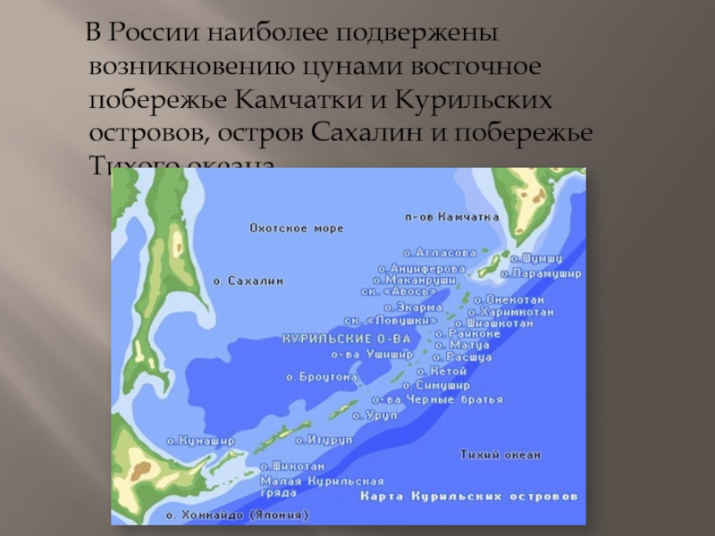 В России наиболее подвержены возникновению цунами восточное побережье Камчатки и Курильских островов, остров Сахалин и