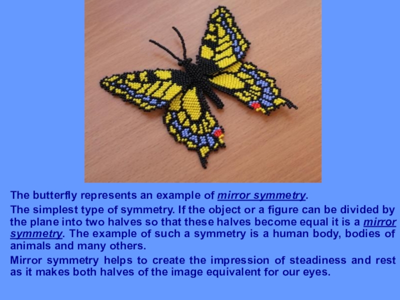 The butterfly represents an example of mirror symmetry. The simplest type of symmetry. If the object or