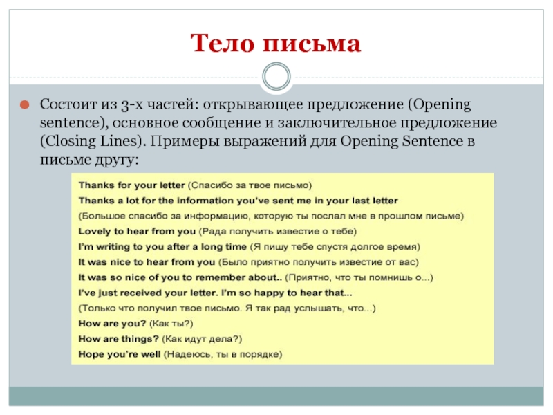 Неформальное письмо. Opening sentence.