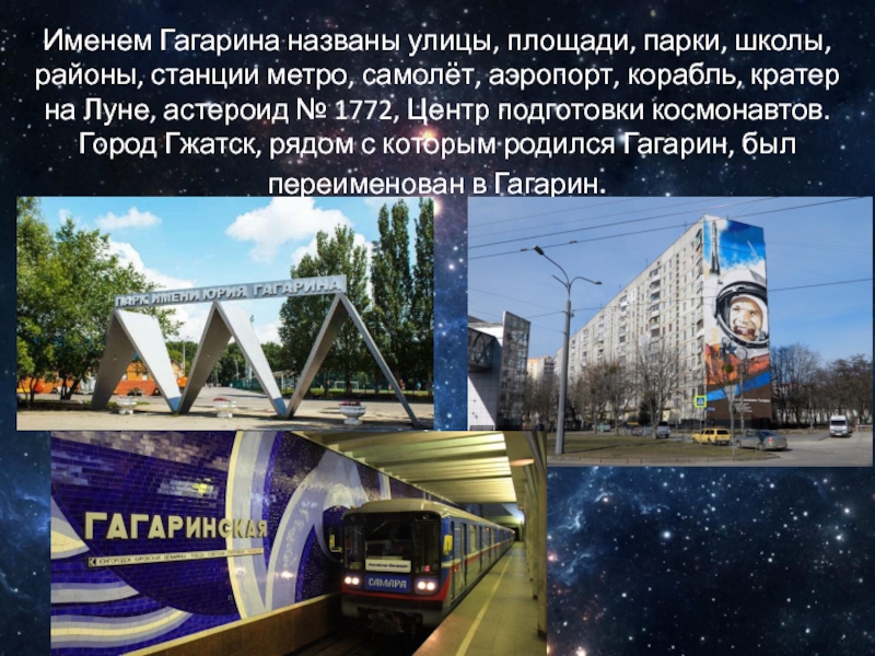 Именем Гагарина названы улицы, площади, парки, школы, районы, станции метро, самолёт, аэропорт, корабль, кратер на Луне, астероид