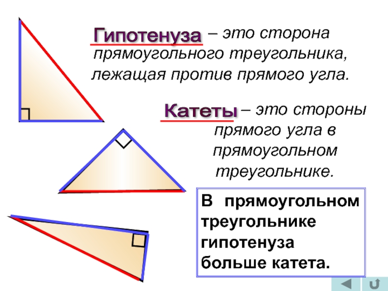 Гипотенуза больше любого катета. Гипотенуза. Катеты и гипотенуза треугольника. Сторона прямоугольного треугольника лежащая против прямого. Катет и гипотенуза прямоугольного треугольника.
