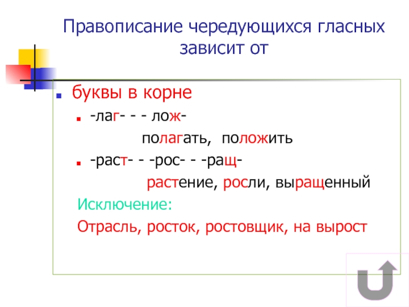 Правописание 7. Чередование гласных в корне лаг лож раст рос ращ. Написание чередующихся корней раст, ращ, рос зависит от. Правописание гласных в корнях лаг лож. Чередующиеся гласные в корне лаг лож.