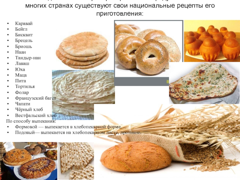 Хлеб — один из самых распространённых продуктов питания. Во многих странах существуют свои национальные рецепты его приготовления: