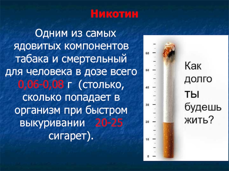 НикотинОдним из самых ядовитых компонентов табака и смертельный для человека в дозе всего 0,06-0,08 г (столько, сколько