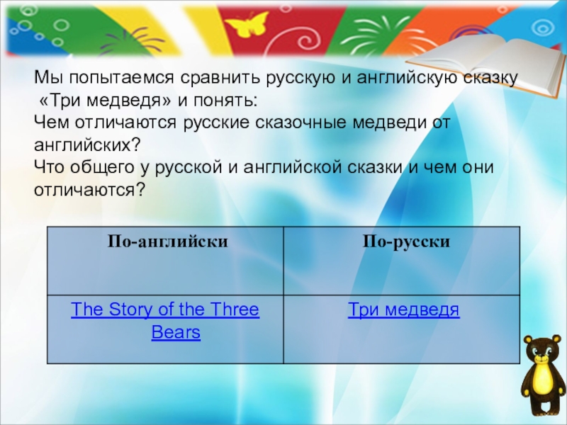 Мы попытаемся сравнить русскую и английскую сказку  «Три медведя» и понять: Чем отличаются русские сказочные медведи