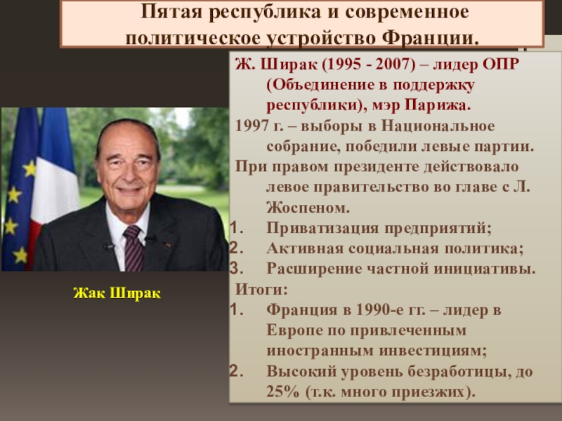 Франция внешняя политика кратко. Жак Ширак президент Франции внешняя политика. Жак Ширак реформы. Жак Ширак внутренняя политика. Жак Ширак внутренняя и внешняя политика.