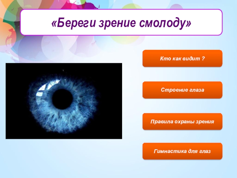 «Береги зрение смолоду»Кто как видит ?Строение глаза Правила охраны зренияГимнастика для глаз
