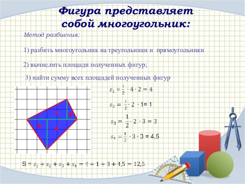 Площадь произвольной фигуры. Площади фигур способы вычисления. Площадь неправильного многоугольника. Метод многоугольника. Разбиение многоугольника на части.