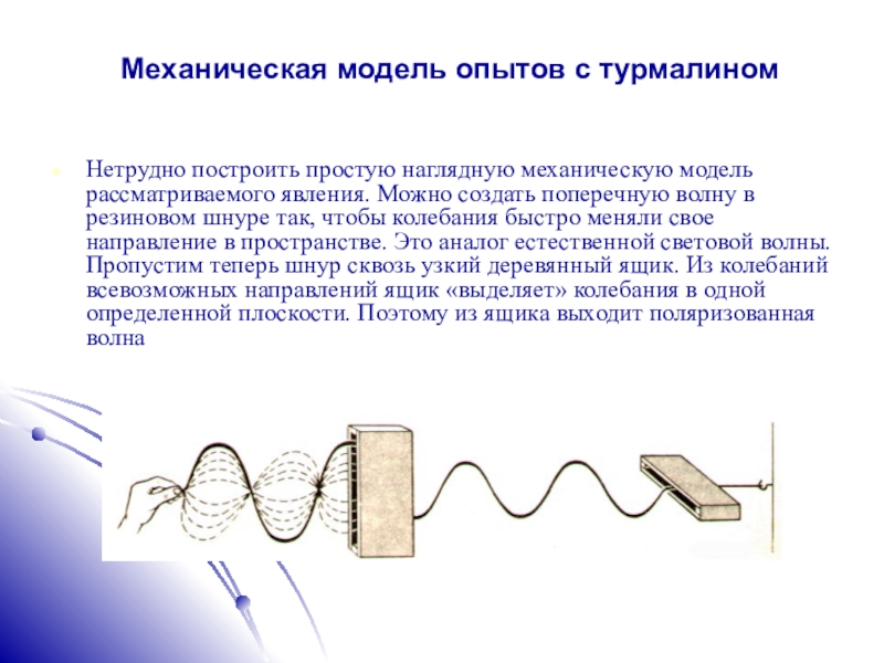 Модель опыта. Механическая модель опытов с турмалином. Поляризация опыт с турмалином. Поляризация механических волн. Механические волны опыты.