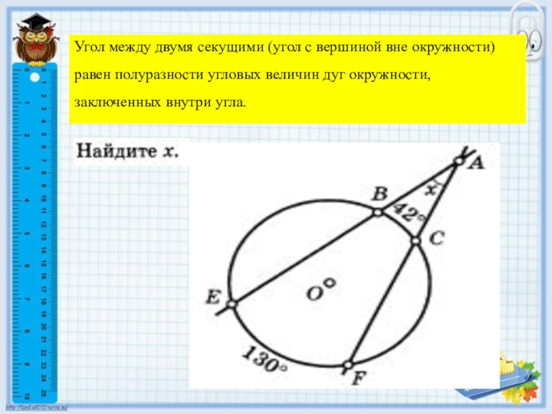 Секущая вне окружности. Угол между секущими. Угол между секущими пересекающимися вне окружности. Угол между двумя секущими. Угол между секущими к окружности.