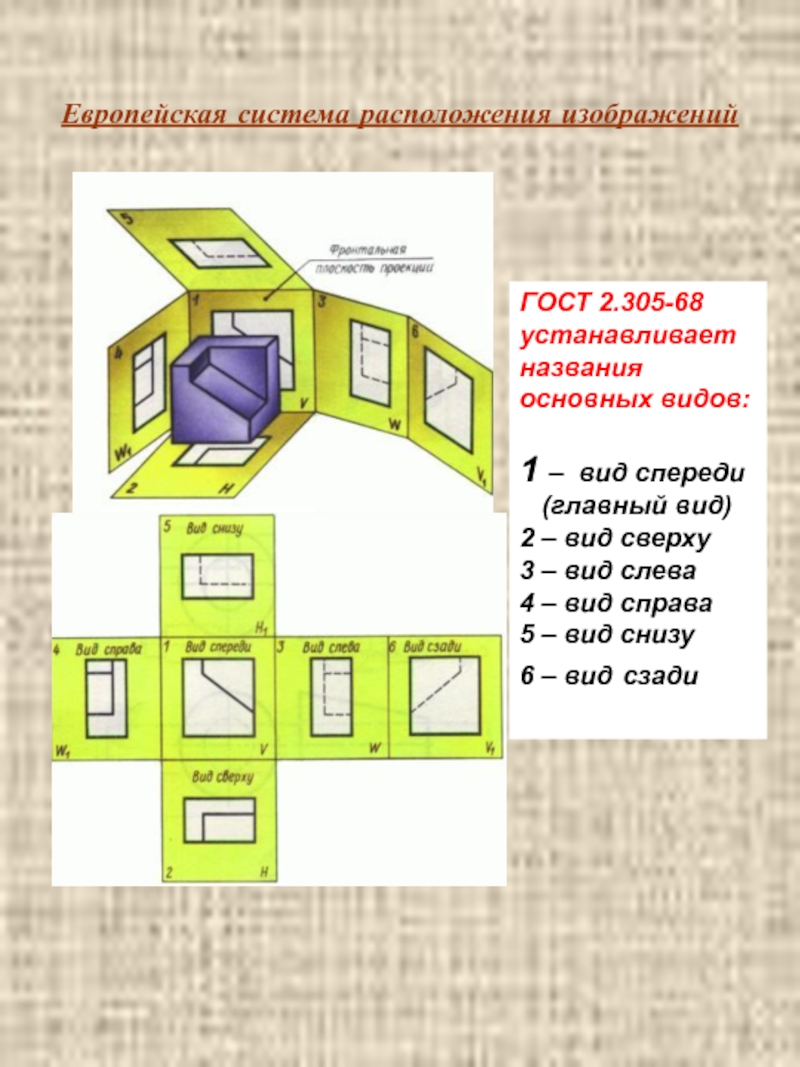 Название основных видов. Система расположения изображений на чертежах. Расположение видов на чертеже ГОСТ. Расположение видов. Европейская система расположения видов.