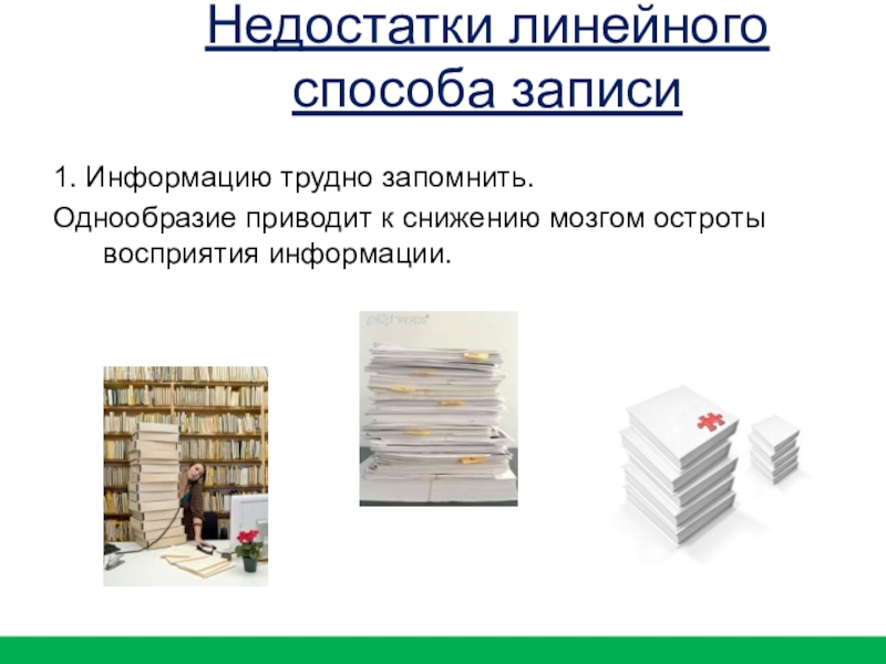 1. Информацию трудно запомнить.Однообразие приводит к снижению мозгом остроты восприятия информации.Недостатки линейного способа записи